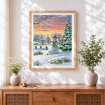 Finished fun snowman playing ice hockey cross stitch artwork displayed