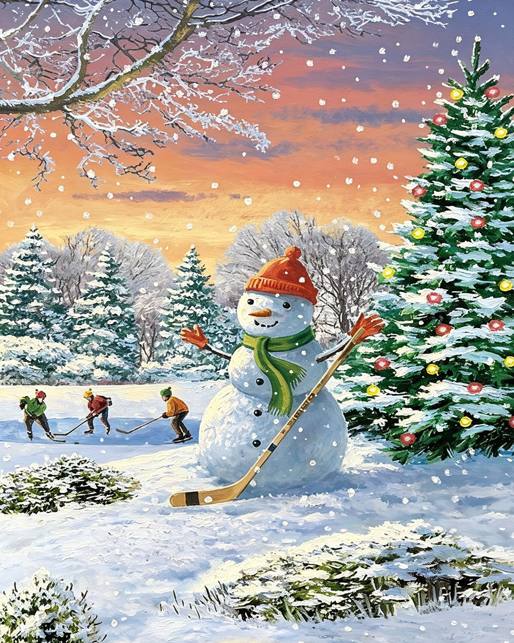 Fun snowman playing ice hockey cross stitch kit for beginners