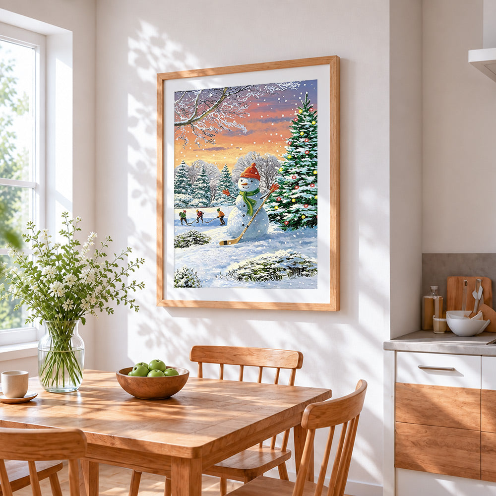 Fun snowman playing ice hockey cross stitch artwork displayed on wall as home decor