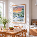 Fun snowman playing ice hockey cross stitch artwork displayed on wall as home decor