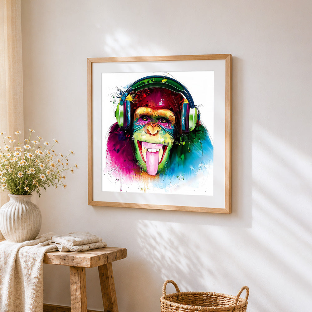 Funky chimpanzee with tongue out cross stitch artwork displayed on wall as home decor
