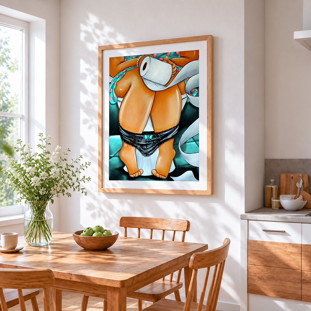 Funny bathroom cross stitch artwork displayed on wall as home decor