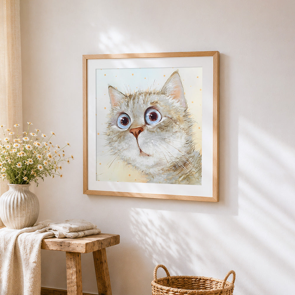 Funny big eyed kitten cross stitch artwork displayed on wall as home decor