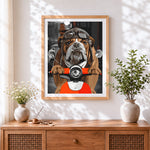 Finished funny bulldog on a motorbike cross stitch artwork displayed