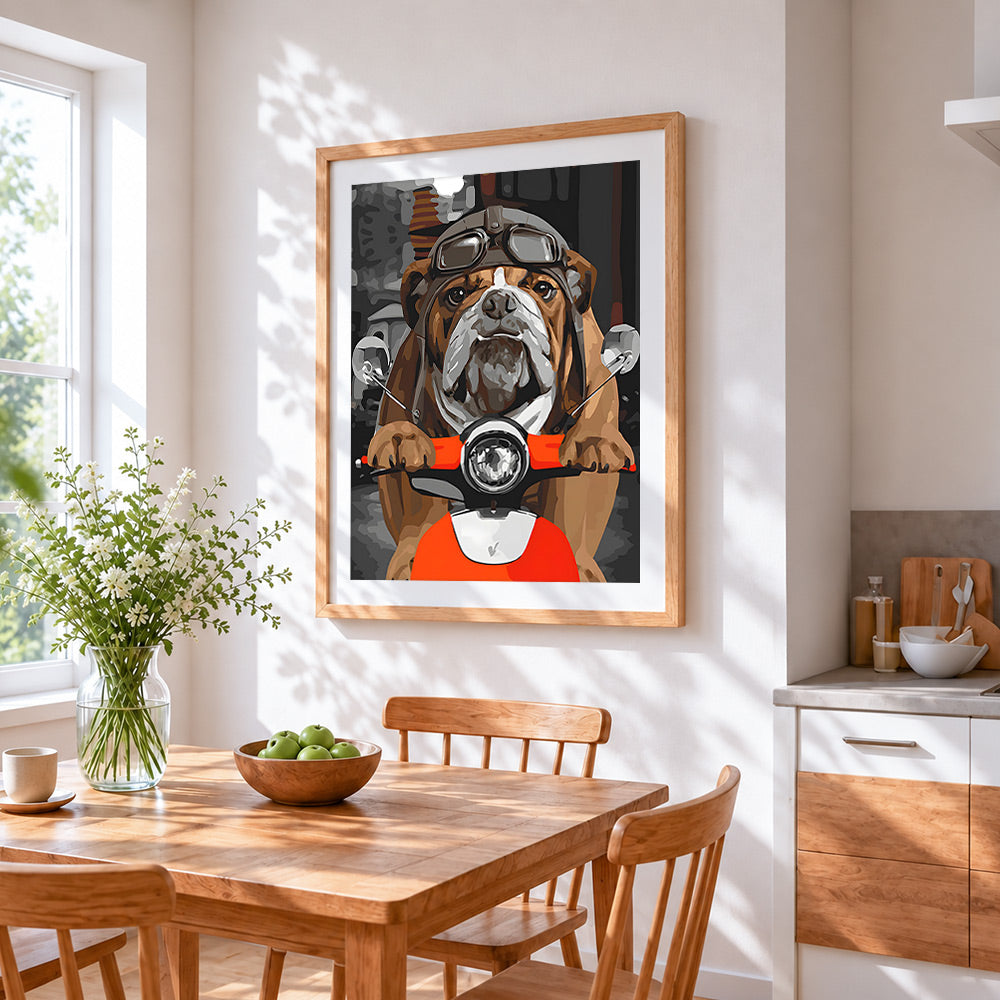 Funny bulldog on a motorbike cross stitch artwork displayed on wall as home decor