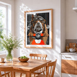 Funny bulldog on a motorbike cross stitch artwork displayed on wall as home decor