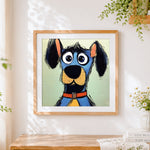 Finished funny cartoon blue dog cross stitch artwork displayed