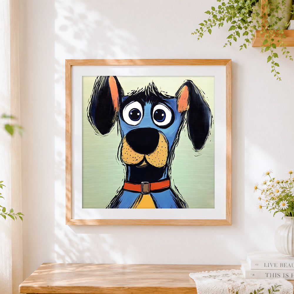 Finished funny cartoon blue dog cross stitch artwork displayed