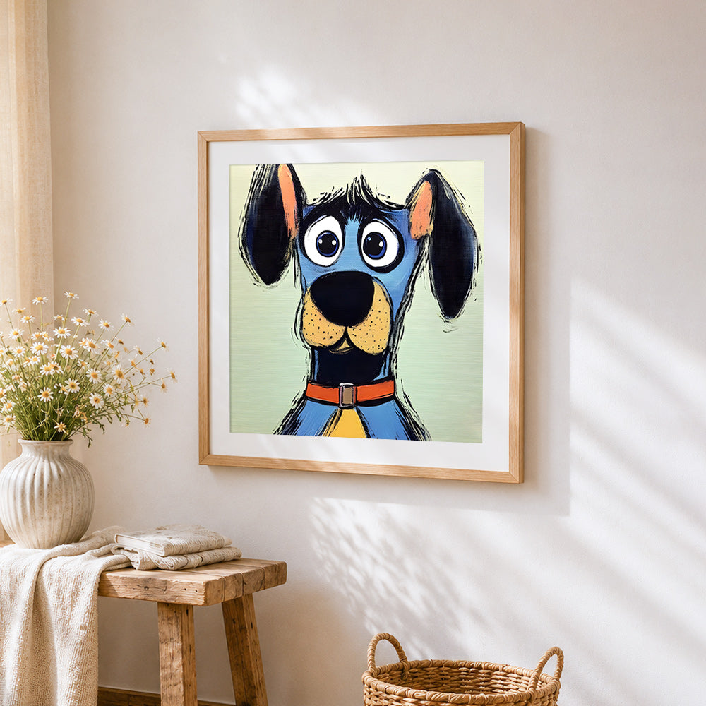 Funny cartoon blue dog cross stitch artwork displayed on wall as home decor