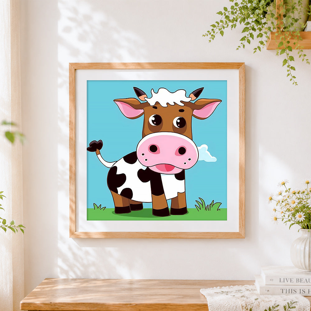 Finished funny cartoon cow cross stitch artwork displayed