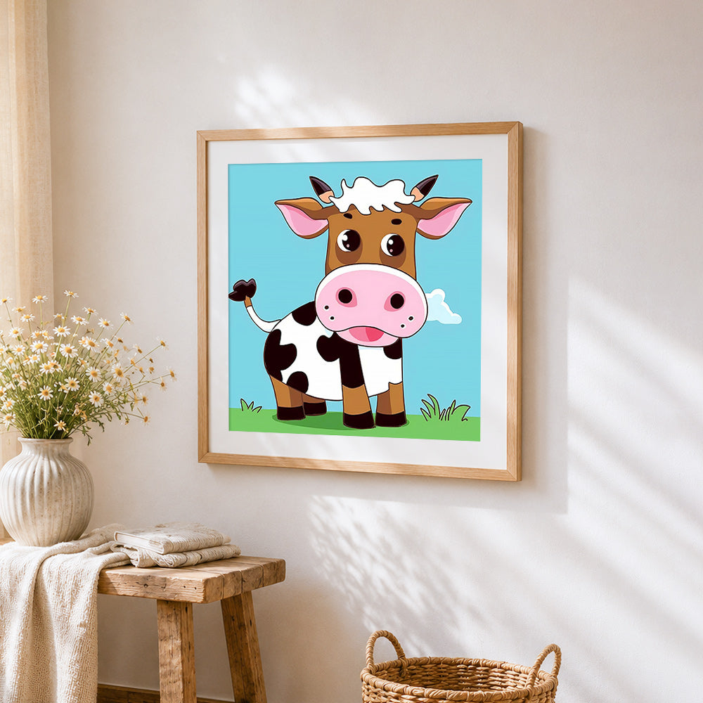 Funny cartoon cow cross stitch artwork displayed on wall as home decor