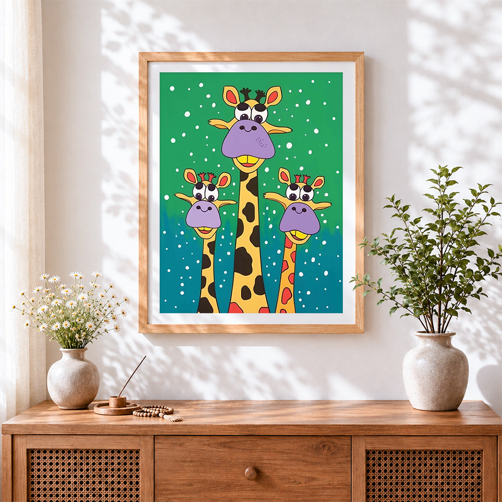 Finished funny cartoon giraffes in the snow cross stitch artwork displayed