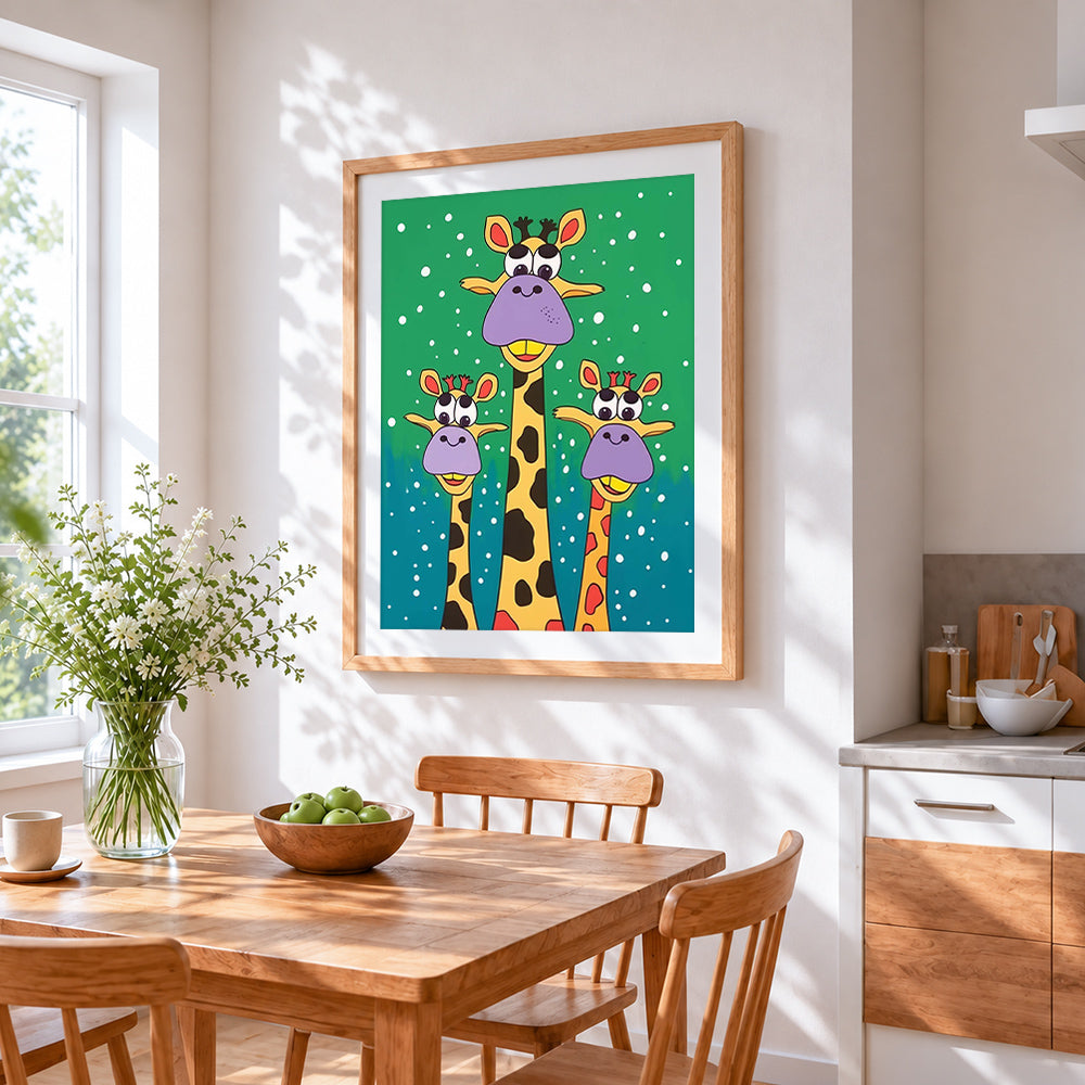 Funny cartoon giraffes in the snow cross stitch artwork displayed on wall as home decor
