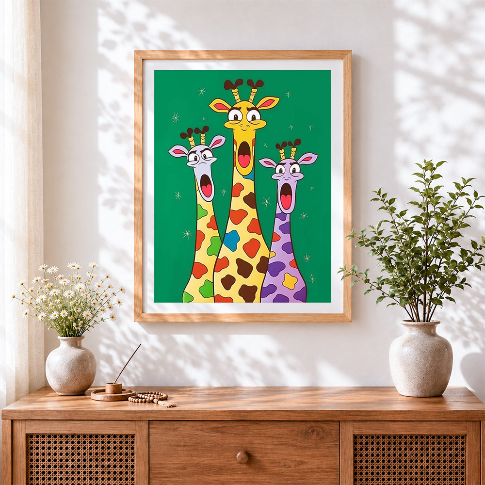 Finished funny cartoon giraffes with shocked faces cross stitch artwork displayed