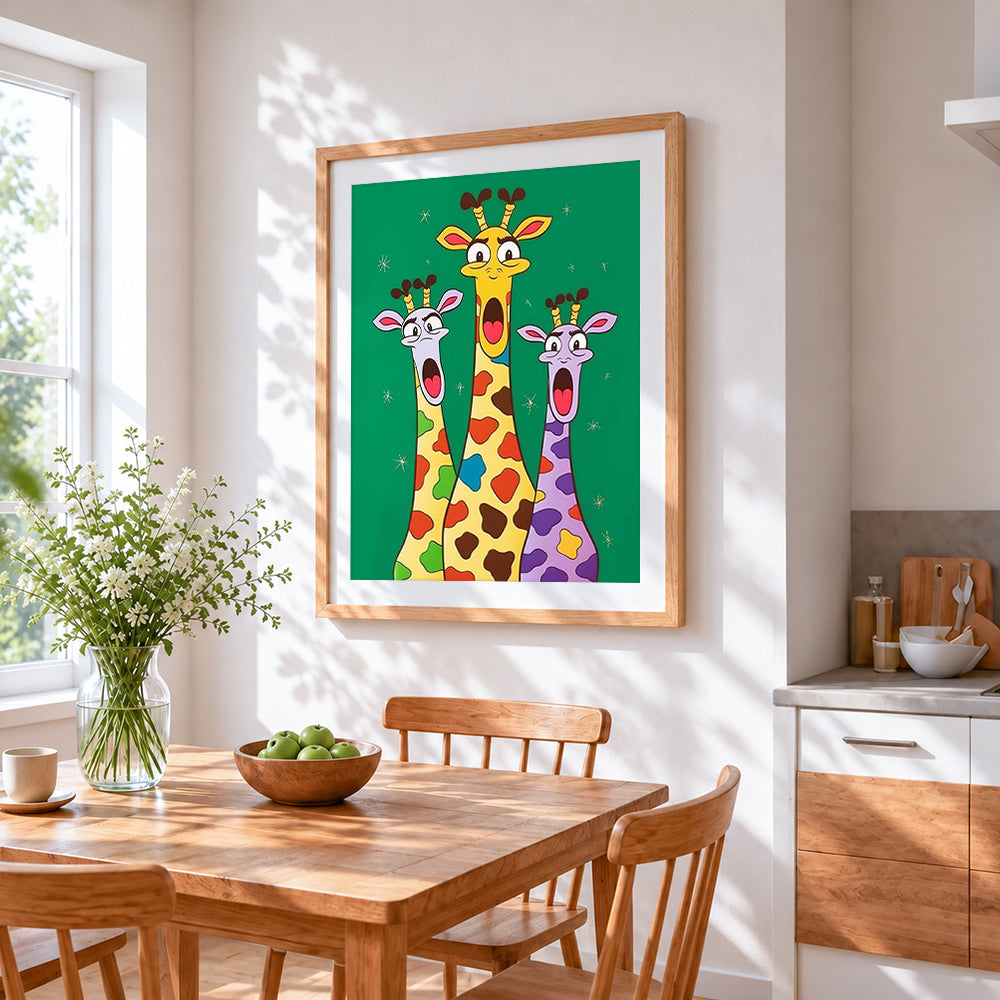 Funny cartoon giraffes with shocked faces cross stitch artwork displayed on wall as home decor