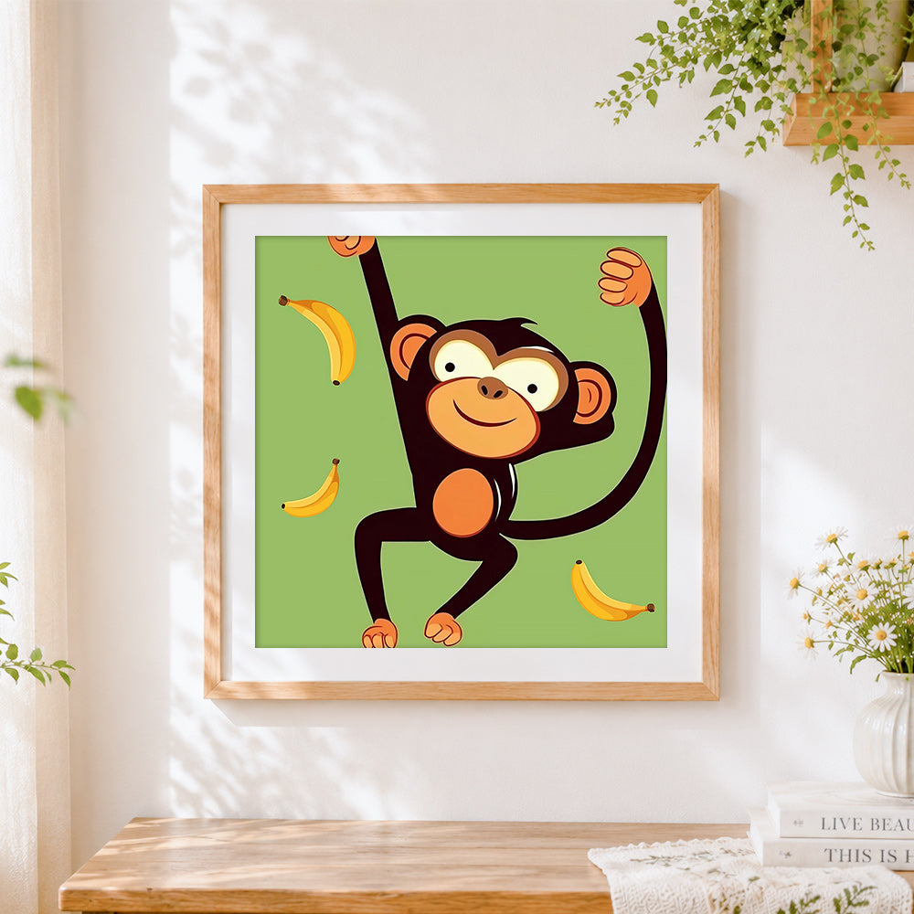 Finished funny cartoon monkey with bananas cross stitch artwork displayed