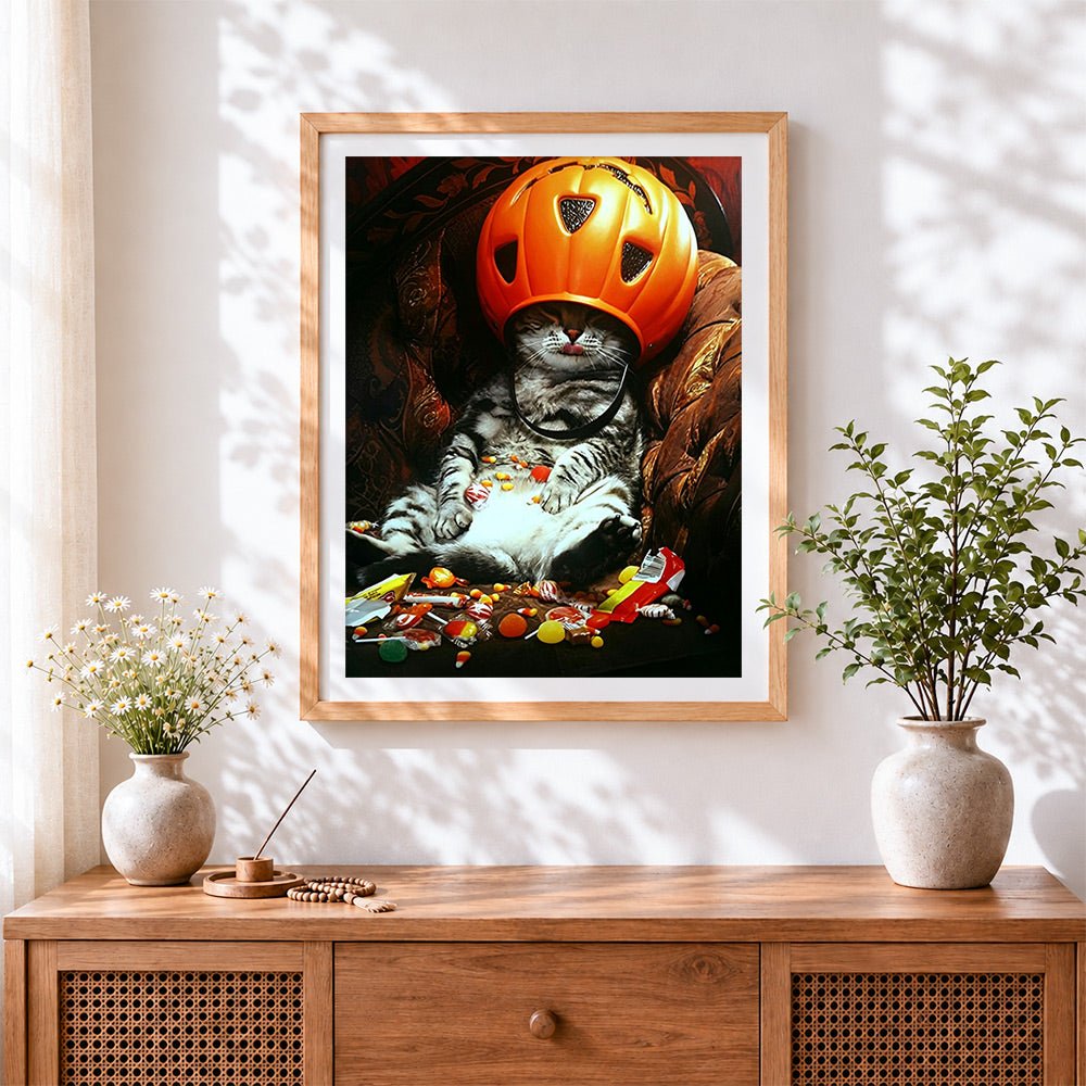Finished funny cat in a pumpkin helmet with sweets cross stitch artwork displayed