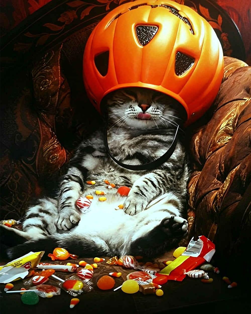 Funny cat in a pumpkin helmet with sweets cross stitch kit for beginners