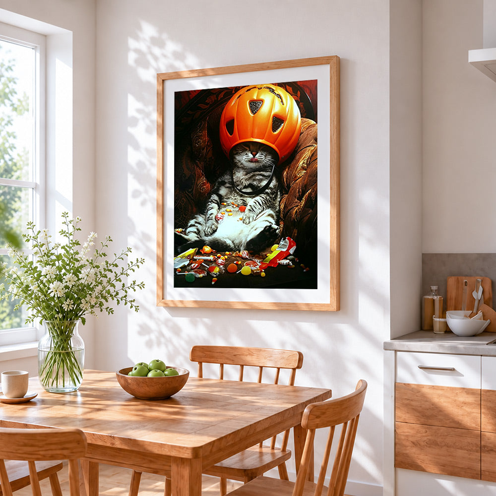 Funny cat in a pumpkin helmet with sweets cross stitch artwork displayed on wall as home decor