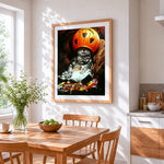 Funny cat in a pumpkin helmet with sweets cross stitch artwork displayed on wall as home decor