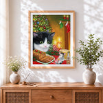 Finished funny cat, mouse and christmas pudding cross stitch artwork displayed
