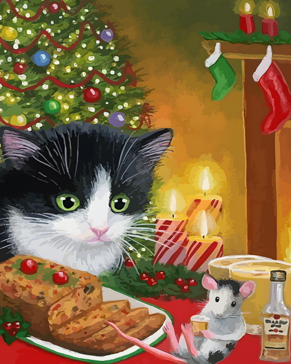 Funny cat, mouse and christmas pudding cross stitch kit for beginners