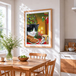 Funny cat, mouse and christmas pudding cross stitch artwork displayed on wall as home decor