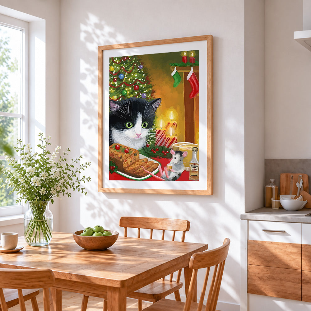Funny cat, mouse and christmas pudding cross stitch artwork displayed on wall as home decor