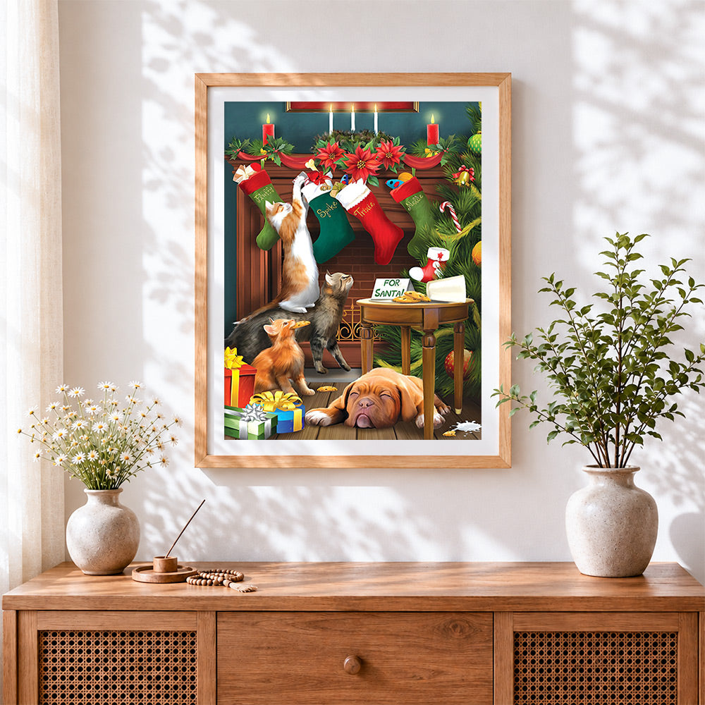 Finished funny cats and dog with cookies cross stitch artwork displayed