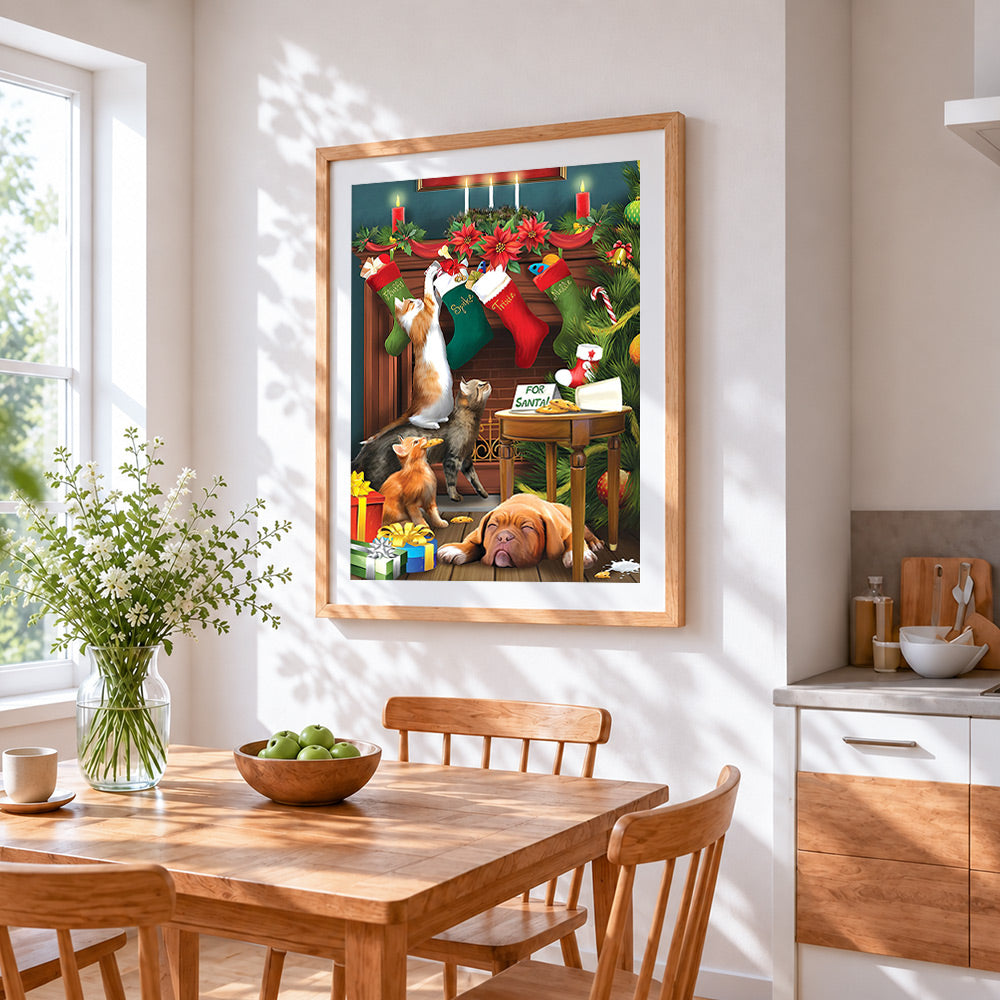 Funny cats and dog with cookies cross stitch artwork displayed on wall as home decor