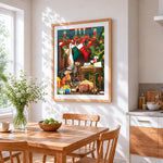 Funny cats and dog with cookies cross stitch artwork displayed on wall as home decor