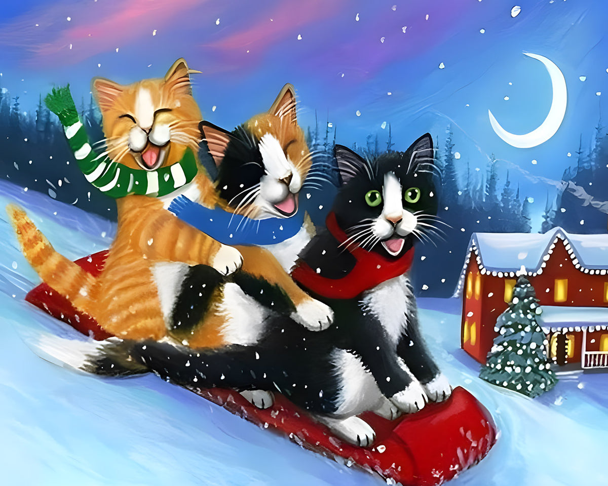 Funny cats sledging in the snow cross stitch kit for beginners
