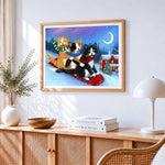 Funny cats sledging in the snow paint by numbers artwork displayed on wall as home decor