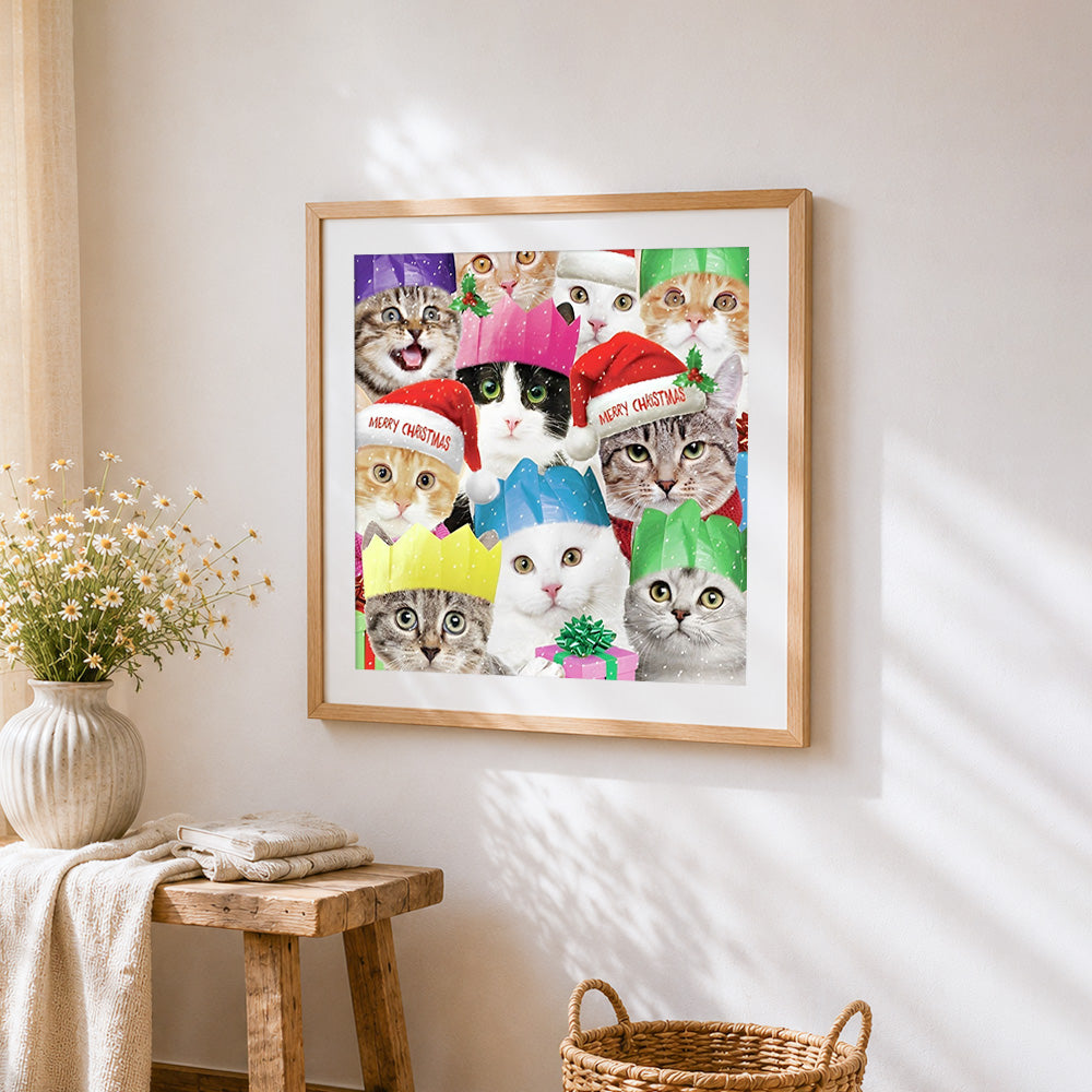 Funny christmas cats in santa hats cross stitch artwork displayed on wall as home decor