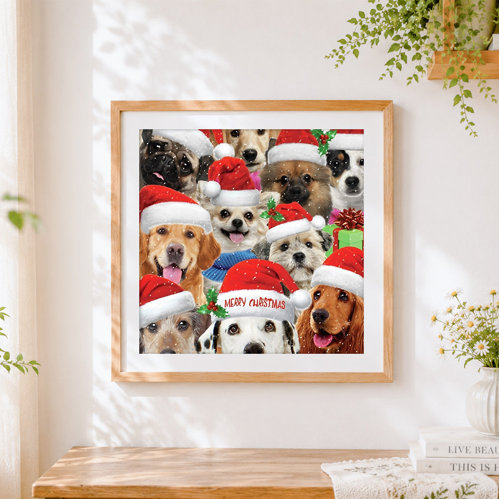 Finished funny christmas dogs in santa hats cross stitch artwork displayed