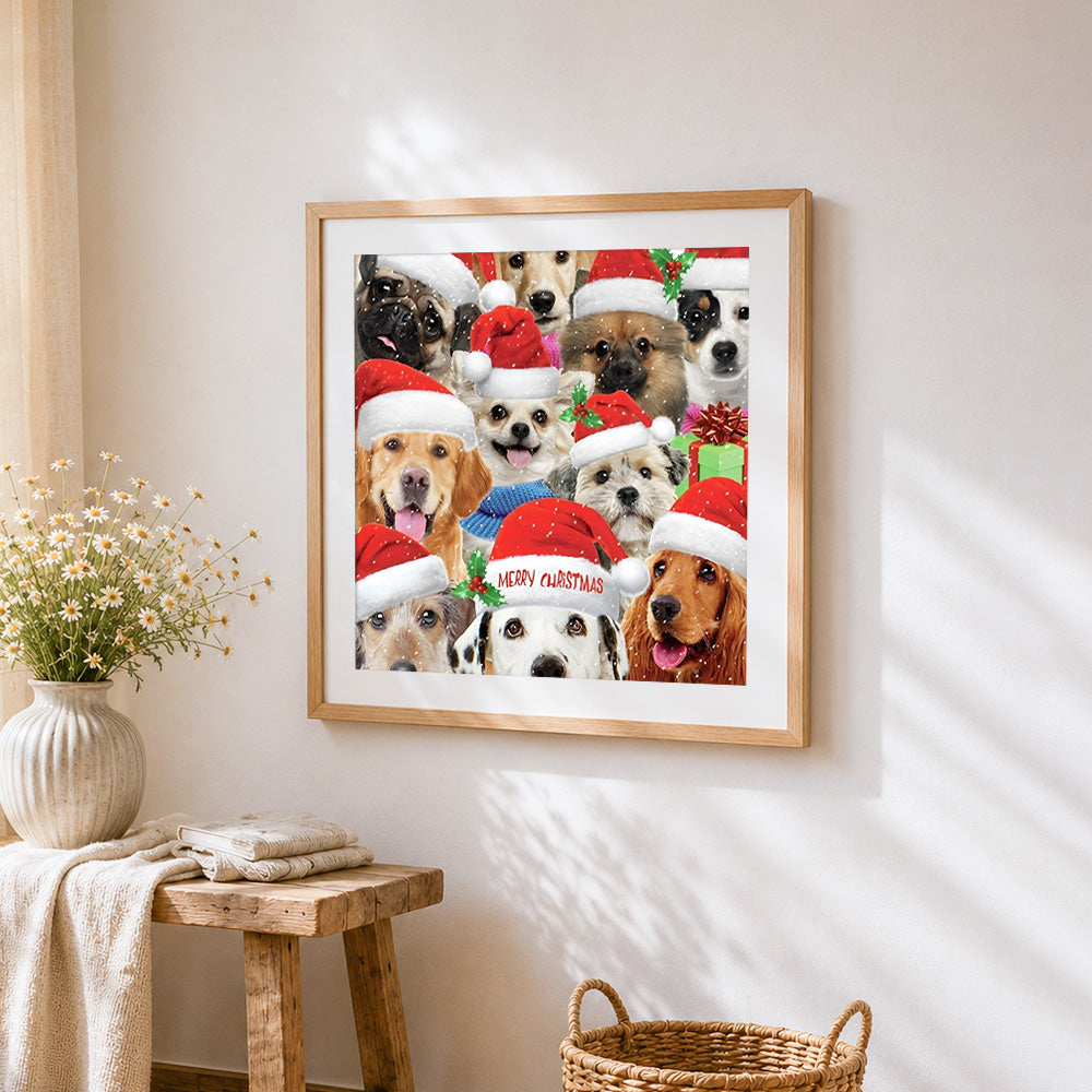 Funny christmas dogs in santa hats cross stitch artwork displayed on wall as home decor