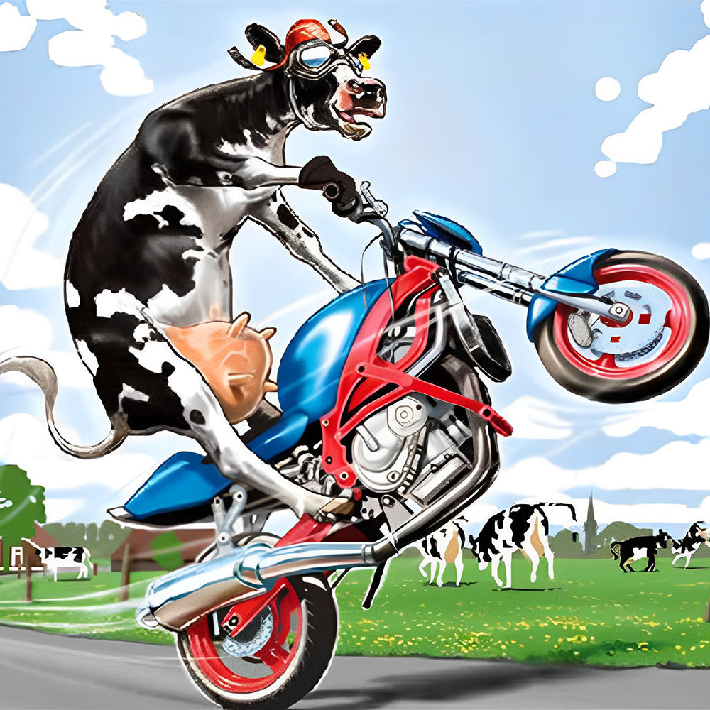 Funny cow riding a motorbike cross stitch kit for beginners