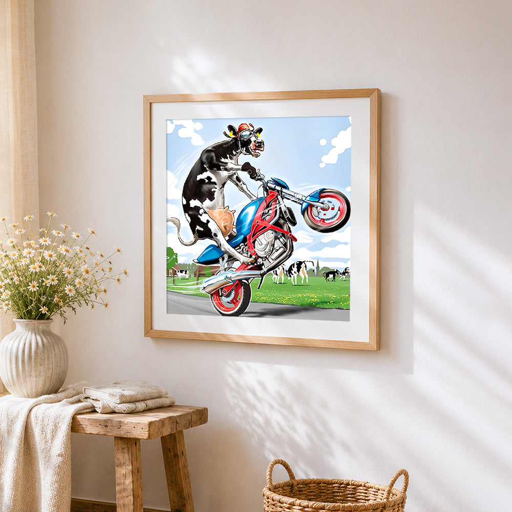 Funny cow riding a motorbike cross stitch artwork displayed on wall as home decor