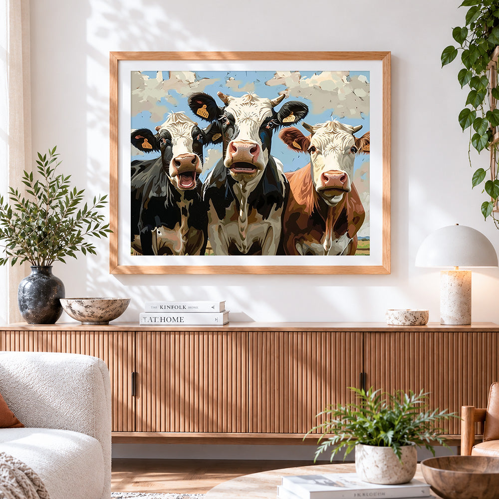Finished funny curious cows paint by numbers artwork displayed as home decor