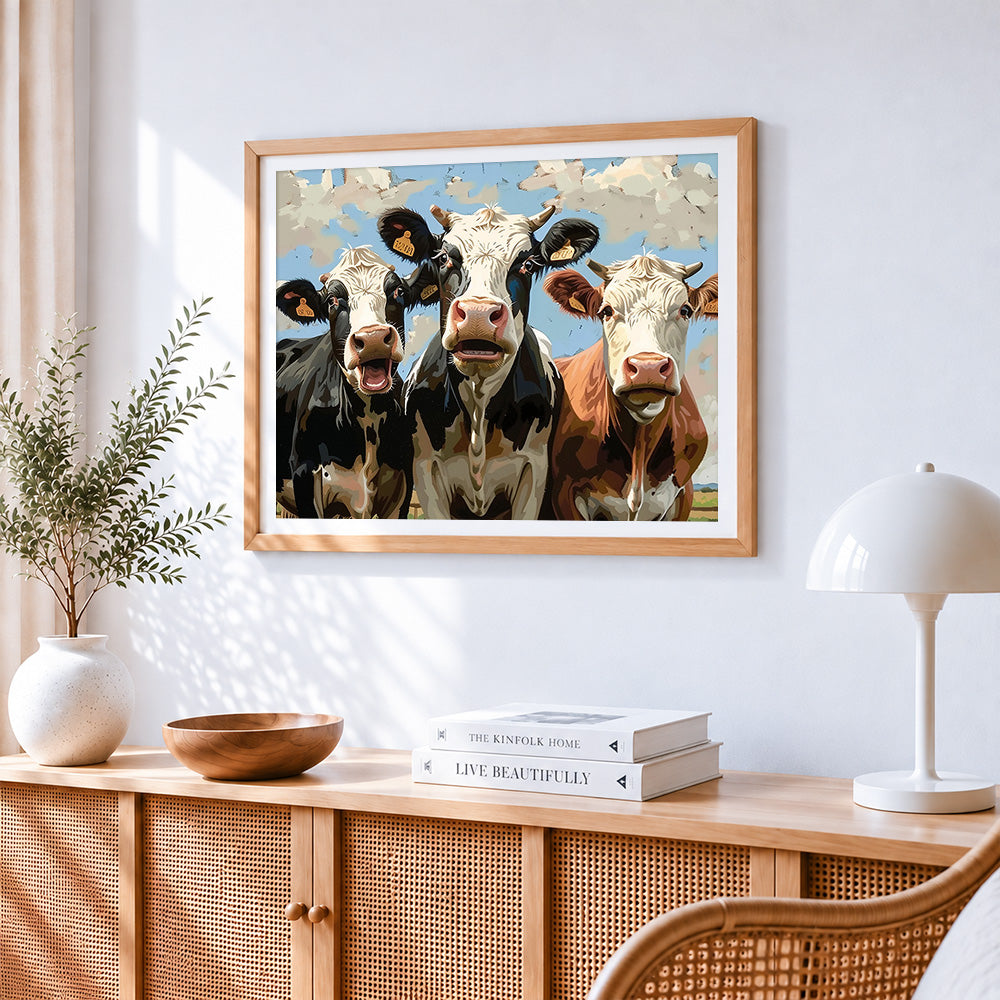 Funny curious cows paint by numbers artwork displayed on wall as home decor