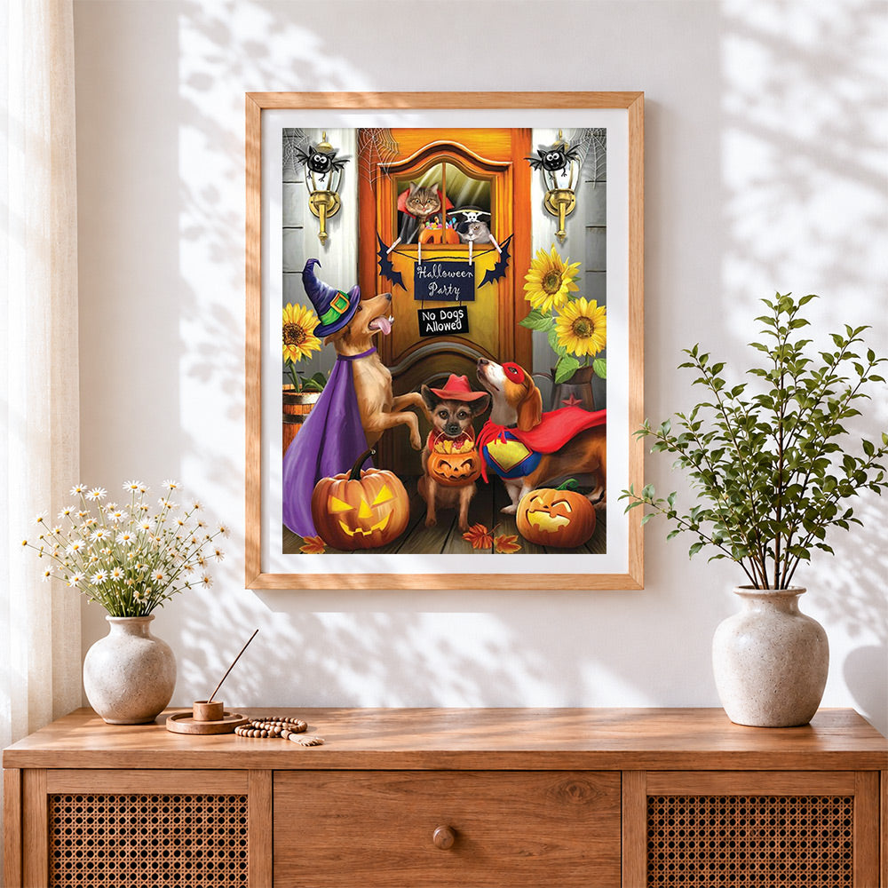 Finished funny dogs halloween party cross stitch artwork displayed