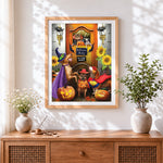 Finished funny dogs halloween party cross stitch artwork displayed