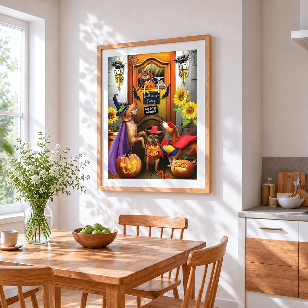 Funny dogs halloween party cross stitch artwork displayed on wall as home decor