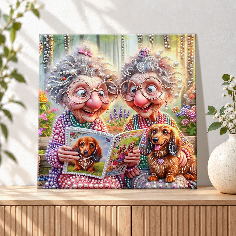 Finished funny elder ladies with dachshund pearl diamond painting artwork displayed as holiday home decor