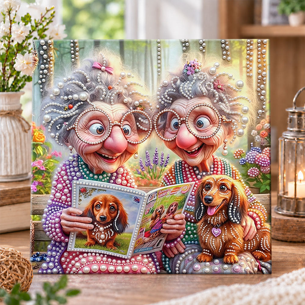 Funny elder ladies with dachshund pearl diamond painting kit for beginners