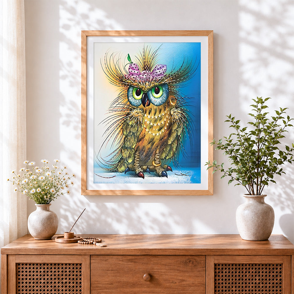 Finished funny fluffy owl cross stitch artwork displayed