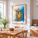 Funny fluffy owl paint by numbers artwork displayed on wall as home decor