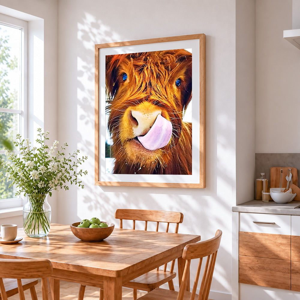 Funny highland cow licking lips cross stitch artwork displayed on wall as home decor