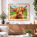 Finished funny highland cow portrait cross stitch artwork displayed