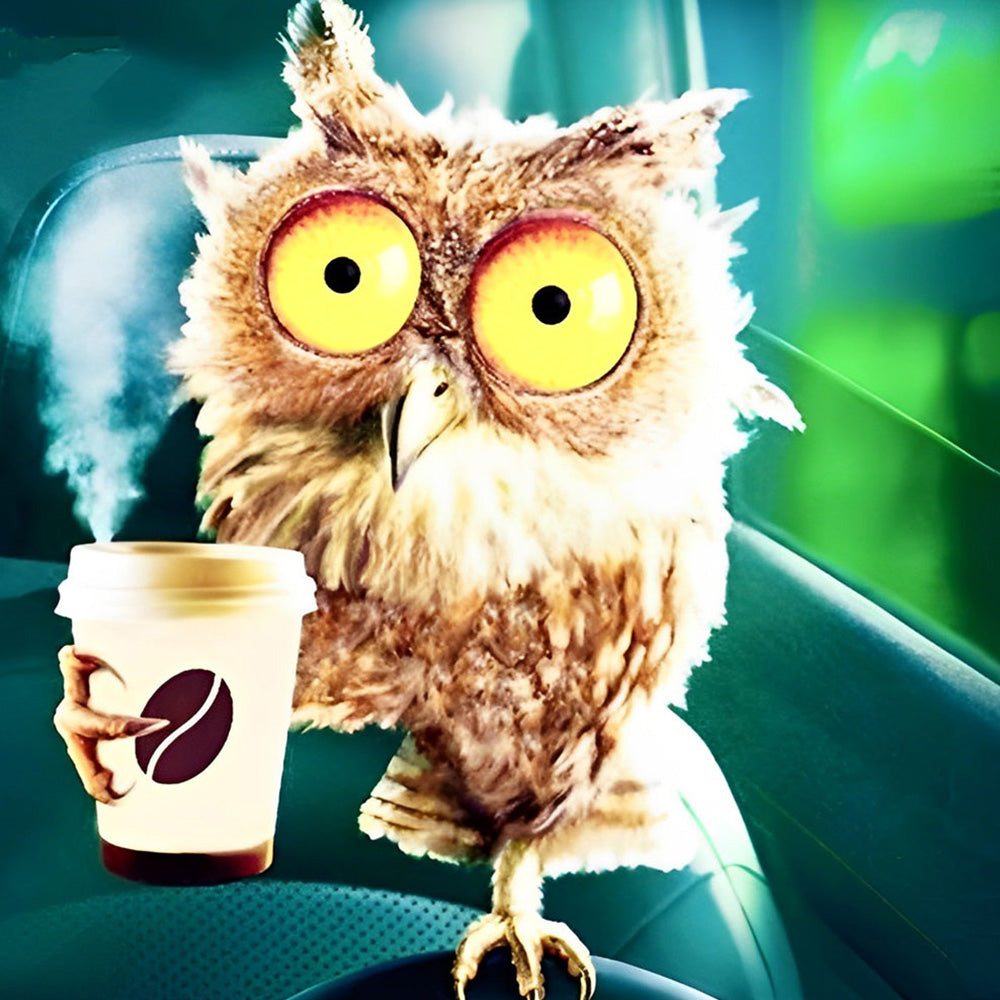 Funny owl with a coffee cup cross stitch kit for beginners